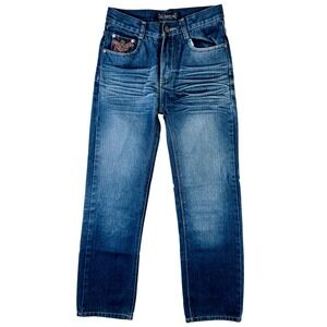 Chams Mens Straight Leg Jeans Blue Medium Wash Embroidered Pockets Y2K 26x26